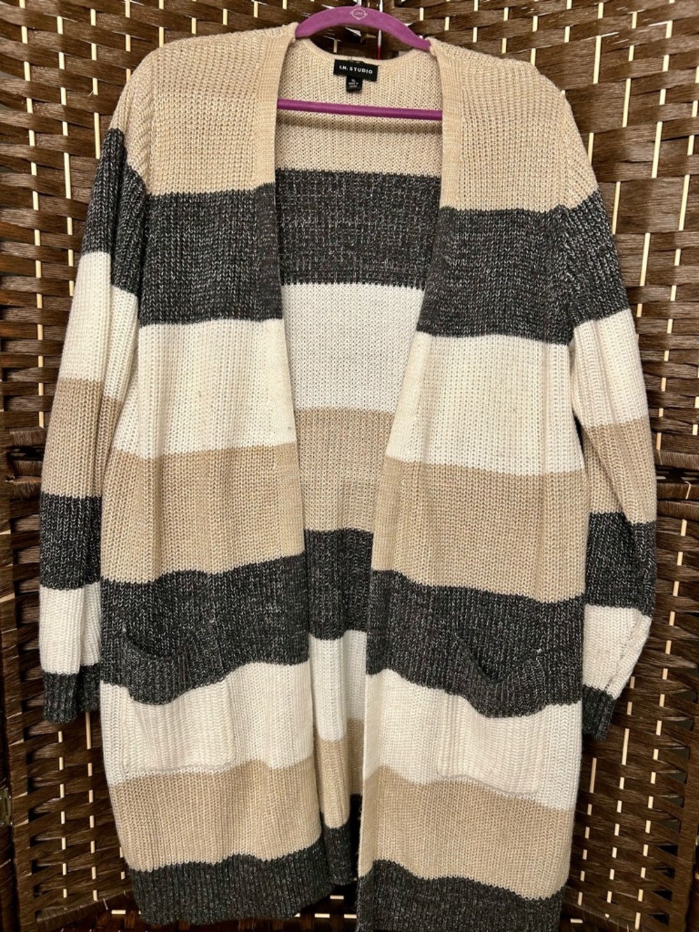 I.N. Studio Striped Open-Front Cardigan in Beige, Cream & Charcoal